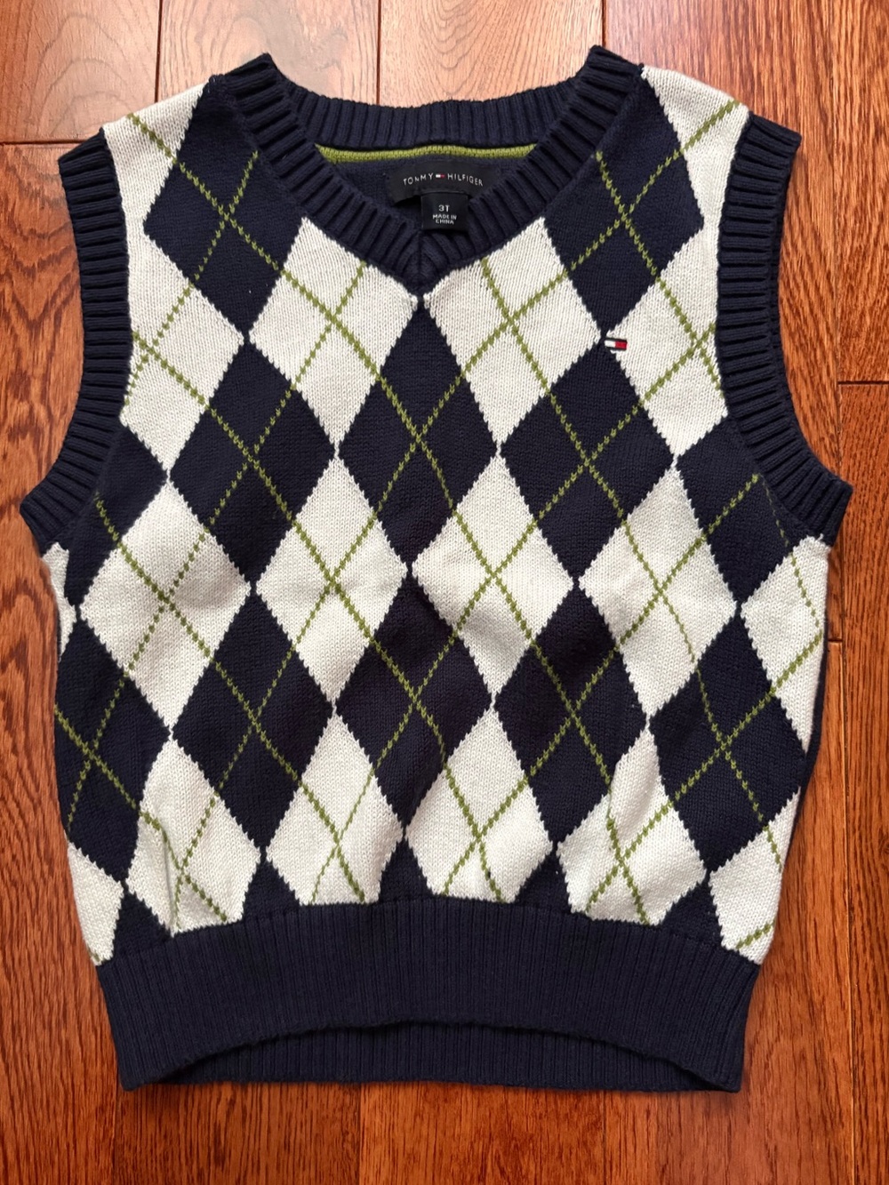 Tommy Hilfiger Navy White Argyle Knit Vest with Olive Stitching